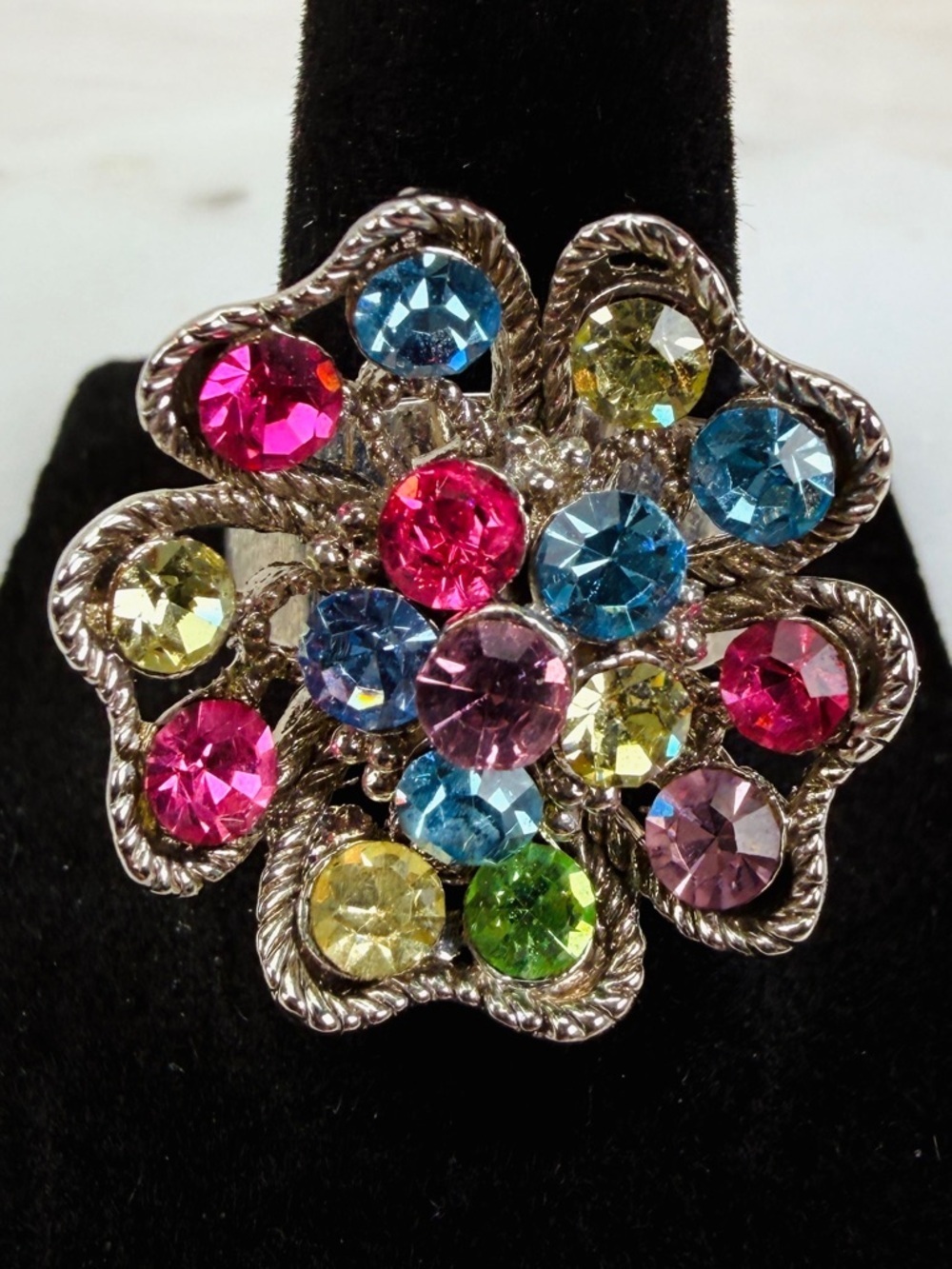 Gorgeous, silvertone, multicolor bling, flower adjustable, ring